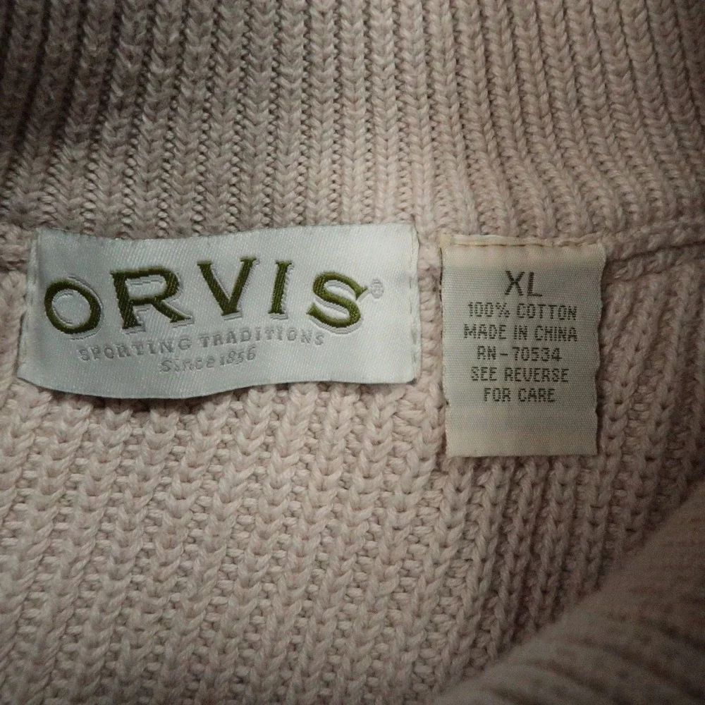 Orvis Sweater Mens‎ XL Beige Tan Pullover Quarter Zip Knit Shoulder Elbow Patch